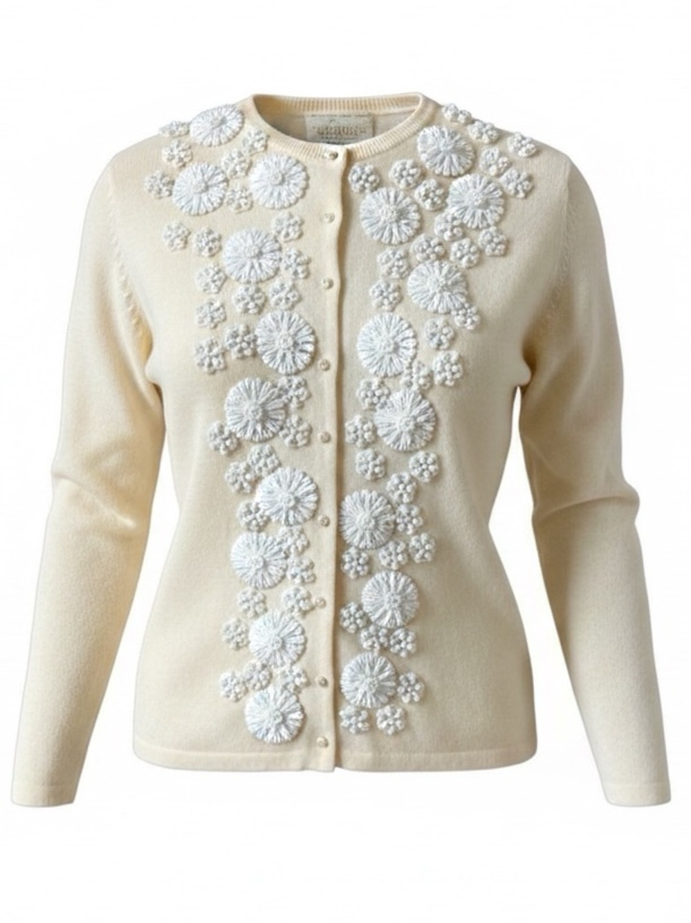 Vintage 50s Cream Lambswool Angora Handmade Coquette Cardigan w/Pearl Buttons